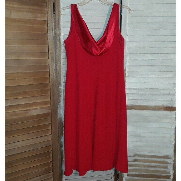 Evan Picone-Shift Dress-Red-Satin V Neck with Sequins-Satin Back Draping - Picture 2 of 7